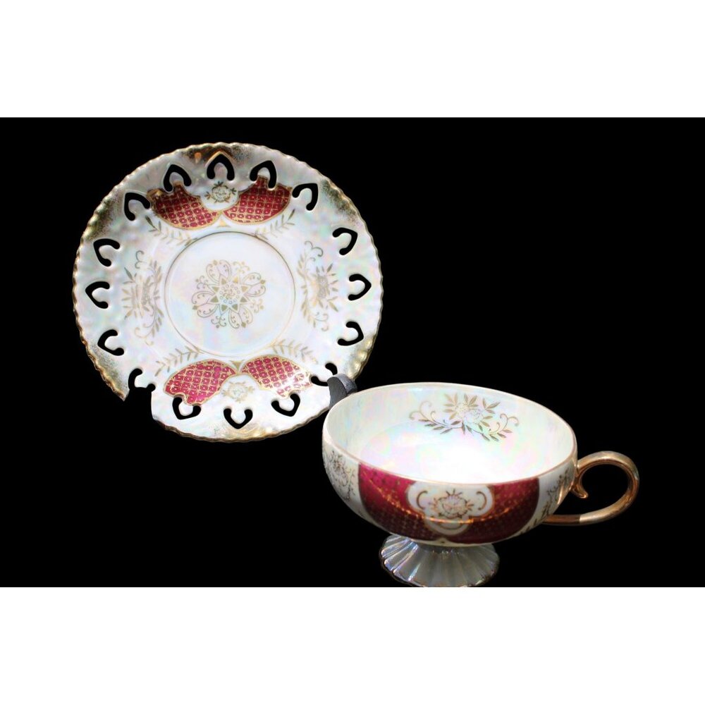 Royal Sealy Vintage Gold & Red Tea Cup & Saucer Set Intricate Cutout Design Perf